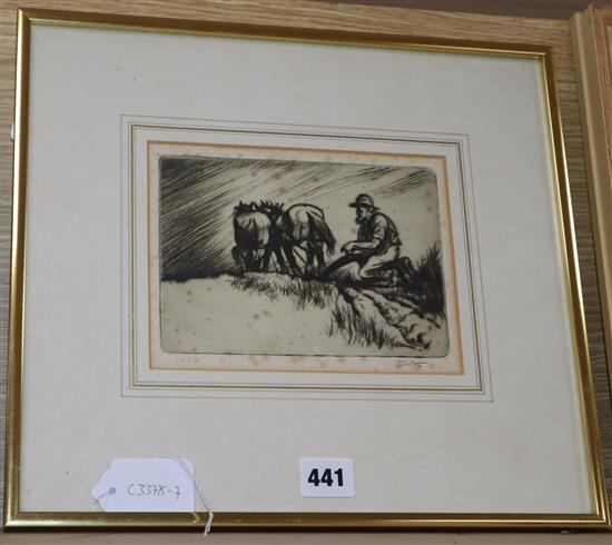 English School, etching, Ploughman at rest, 12 x 17cm